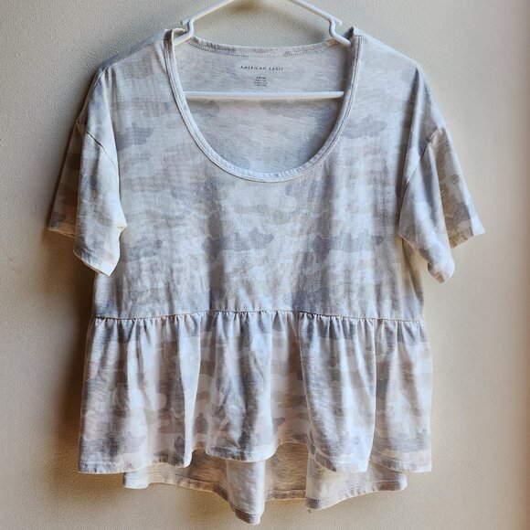 American Eagle Outfitters Gray Camo Scoop Neck Ruffled Jersey Size Small - Picture 6 of 12